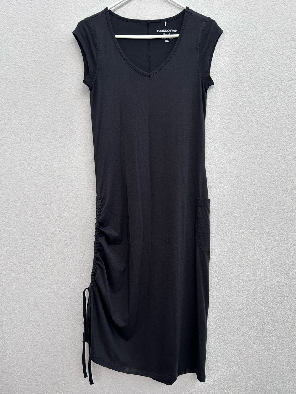 Toad&Co Black Muse Dress Womens S V-Neck Cap Sleeve Midi Dress Organic Cotton